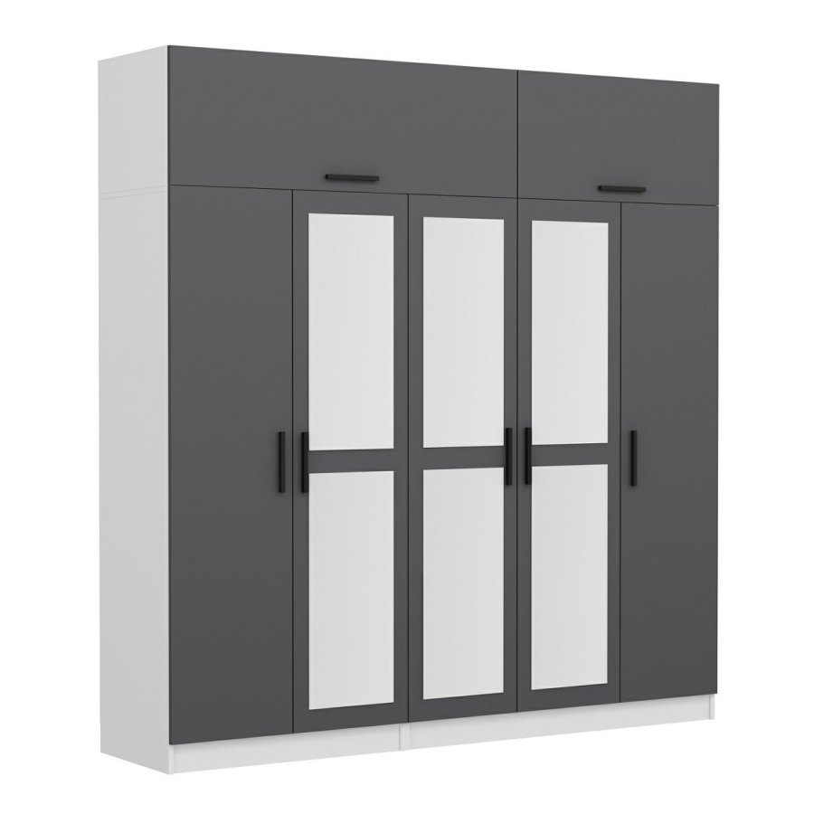 FUNZI LIVING 5249 garderobeskab, spejl, 7 lger, 3 bjlestnger, 2 skuffer - antracit/hvid melamin