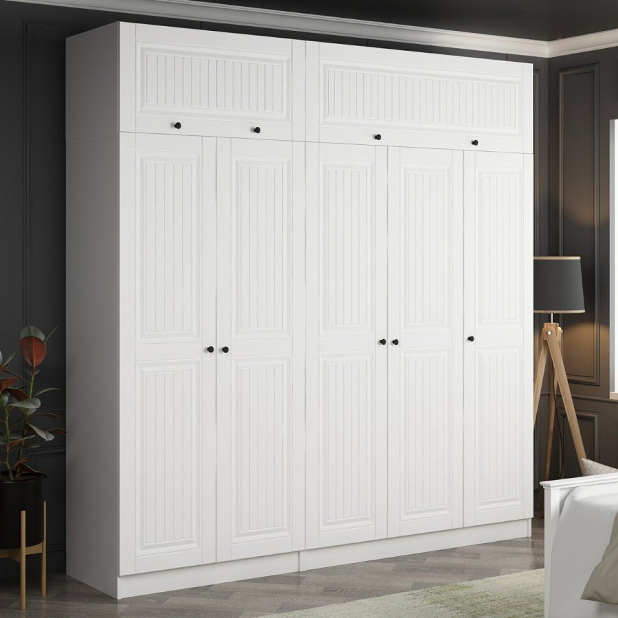 FUNZI LIVING 5137 garderobeskab, 7 lger, 3 bjlestnger, 2 skuffer, hylder - hvid melamin