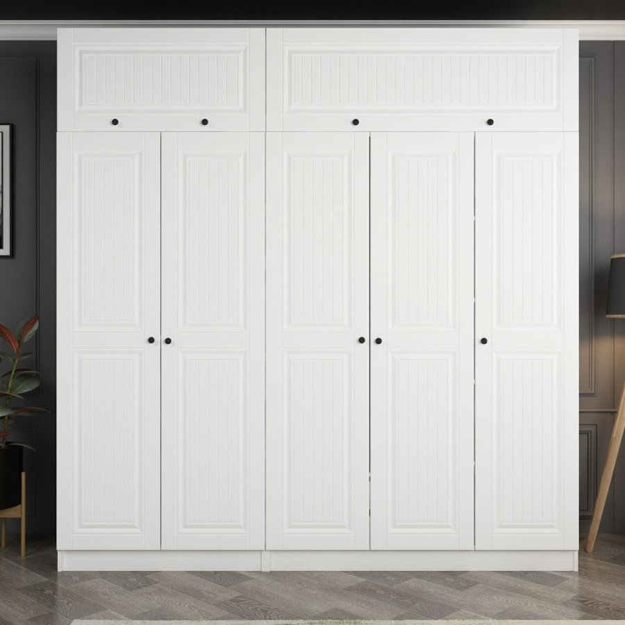 FUNZI LIVING 5228 garderobeskab, 7 lger, 3 bjlestnger, 2 skuffer, hylder - hvid melamin