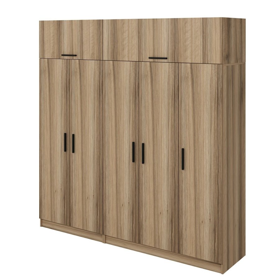 FUNZI LIVING 7519 garderobeskab, 7 lger, 3 bjlestnger, 2 skuffer, hylder - natur melamin