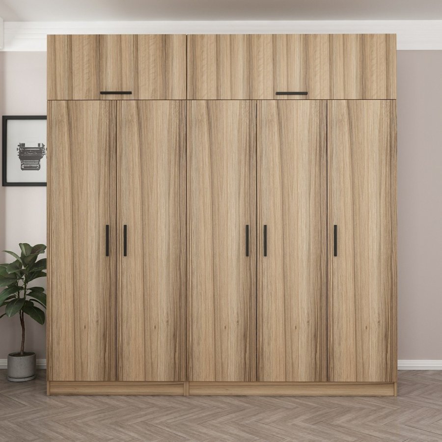 FUNZI LIVING 7709 garderobeskab, 7 lger, 3 bjlestnger, 2 skuffer, hylder - natur melamin