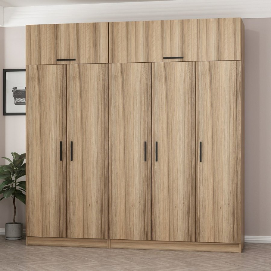 FUNZI LIVING 7709 garderobeskab, 7 lger, 3 bjlestnger, 2 skuffer, hylder - natur melamin