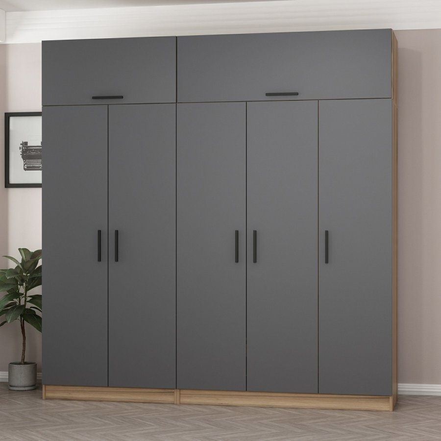 FUNZI LIVING 7529 garderobeskab, 7 lger, 3 bjlestnger, 2 skuffer, hylder - antracit/natur melamin