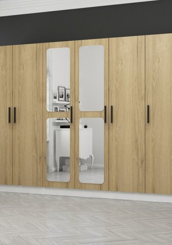 FUNZI LIVING 3871 garderobeskab, spejl, 6 lger, 3 bjlestnger, 2 skuffer - hvid/natur melamin