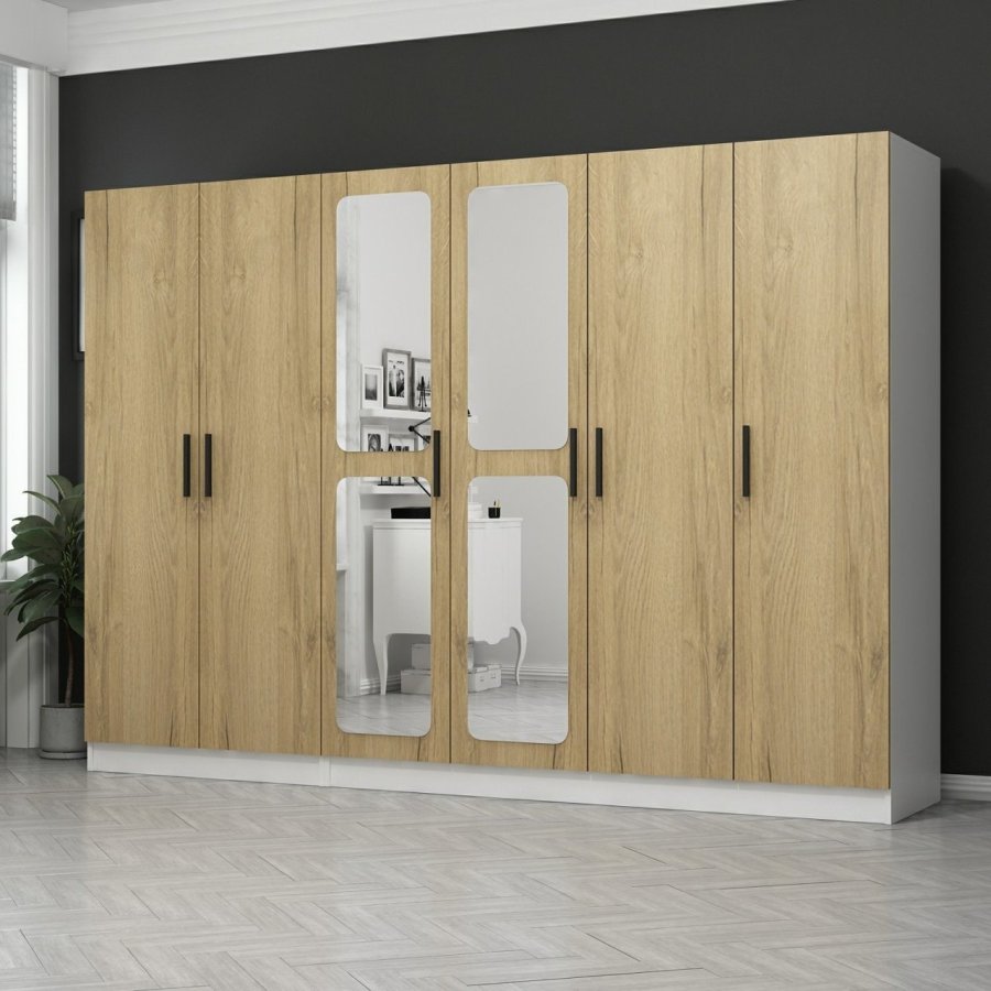 FUNZI LIVING 3871 garderobeskab, spejl, 6 lger, 3 bjlestnger, 2 skuffer - hvid/natur melamin