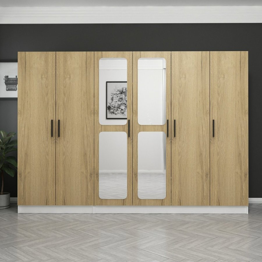 FUNZI LIVING 3871 garderobeskab, spejl, 6 lger, 3 bjlestnger, 2 skuffer - hvid/natur melamin