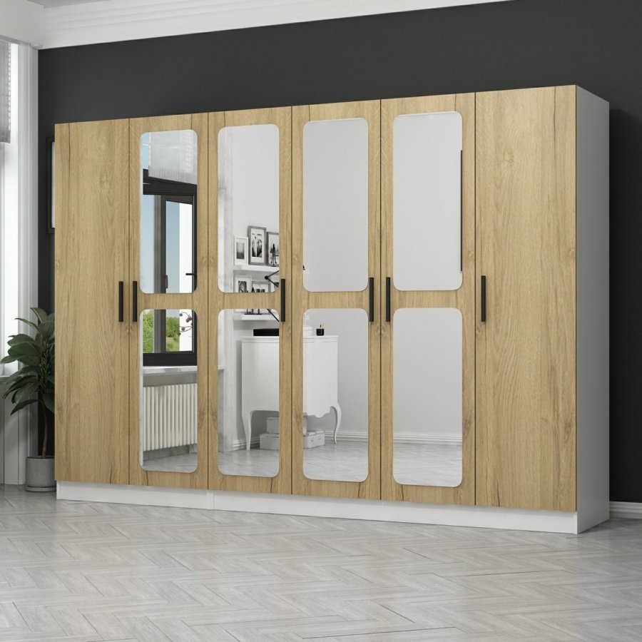 FUNZI LIVING 2715 garderobeskab, spejl, 6 lger, 3 bjlestnger, 2 skuffer - hvid/natur melamin