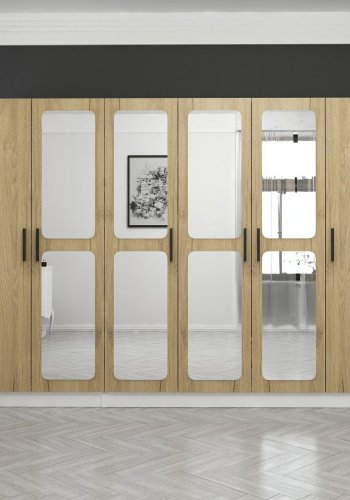 FUNZI LIVING 2715 garderobeskab, spejl, 6 lger, 3 bjlestnger, 2 skuffer - hvid/natur melamin