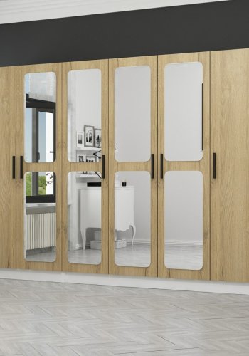 FUNZI LIVING 3872 garderobeskab, spejl, 6 lger, 3 bjlestnger, 2 skuffer - hvid/natur melamin