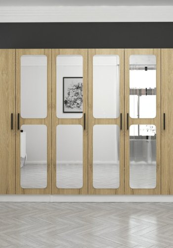 FUNZI LIVING 3872 garderobeskab, spejl, 6 lger, 3 bjlestnger, 2 skuffer - hvid/natur melamin