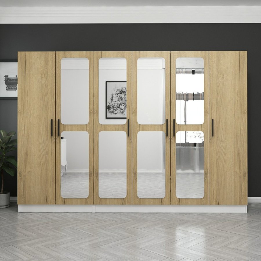 FUNZI LIVING 3872 garderobeskab, spejl, 6 lger, 3 bjlestnger, 2 skuffer - hvid/natur melamin