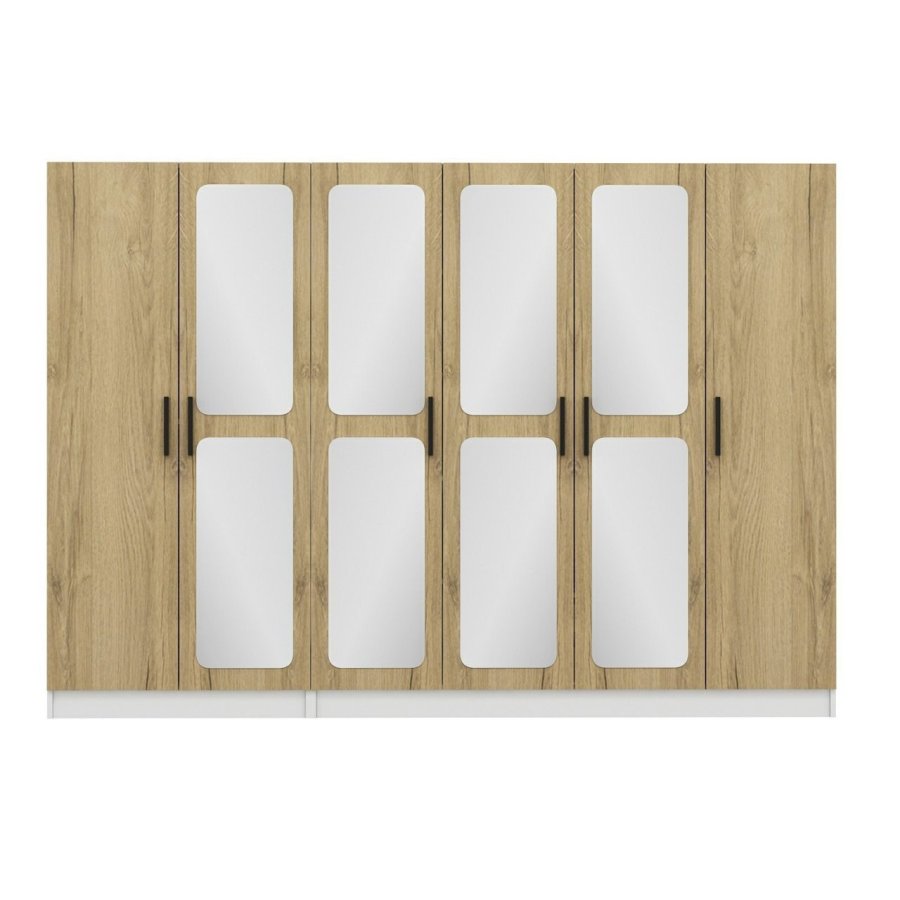 FUNZI LIVING 3872 garderobeskab, spejl, 6 lger, 3 bjlestnger, 2 skuffer - hvid/natur melamin