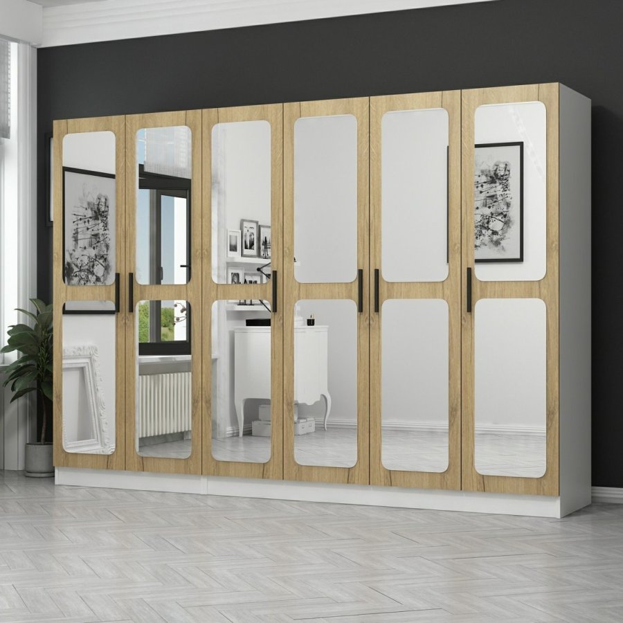 FUNZI LIVING 2716 garderobeskab, spejl, 6 lger, 3 bjlestnger, 2 skuffer - hvid/natur melamin