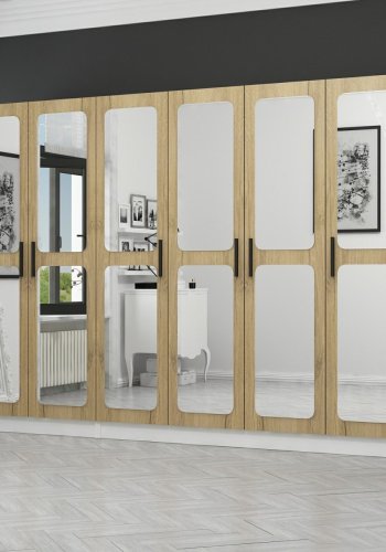 FUNZI LIVING 3873 garderobeskab, spejl, 6 lger, 3 bjlestnger, 2 skuffer - hvid/natur melamin