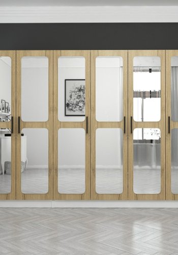 FUNZI LIVING 3873 garderobeskab, spejl, 6 lger, 3 bjlestnger, 2 skuffer - hvid/natur melamin