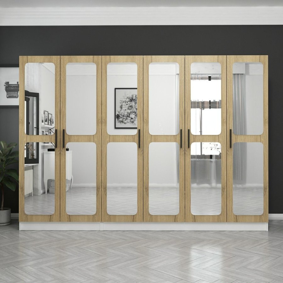 FUNZI LIVING 3873 garderobeskab, spejl, 6 lger, 3 bjlestnger, 2 skuffer - hvid/natur melamin