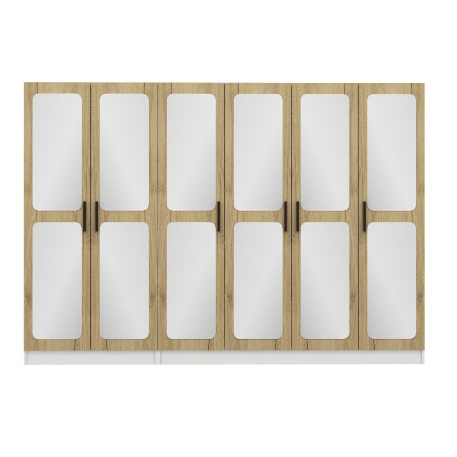 FUNZI LIVING 3873 garderobeskab, spejl, 6 lger, 3 bjlestnger, 2 skuffer - hvid/natur melamin