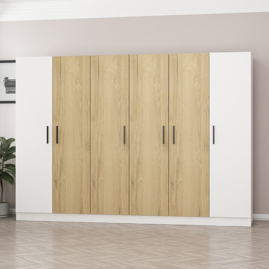 FUNZI LIVING 3111 garderobeskab, 6 lger, 3 bjlestnger, 2 skuffer, hylder - hvid/natur melamin