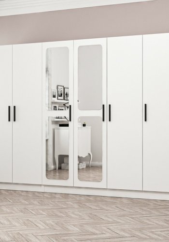 FUNZI LIVING 2439 garderobeskab, spejl, 6 lger, 3 bjlestnger, 2 skuffer - hvid melamin