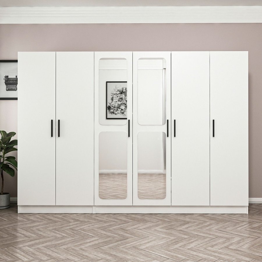 FUNZI LIVING 3817 garderobeskab, spejl, 6 lger, 3 bjlestnger, 2 skuffer - hvid melamin