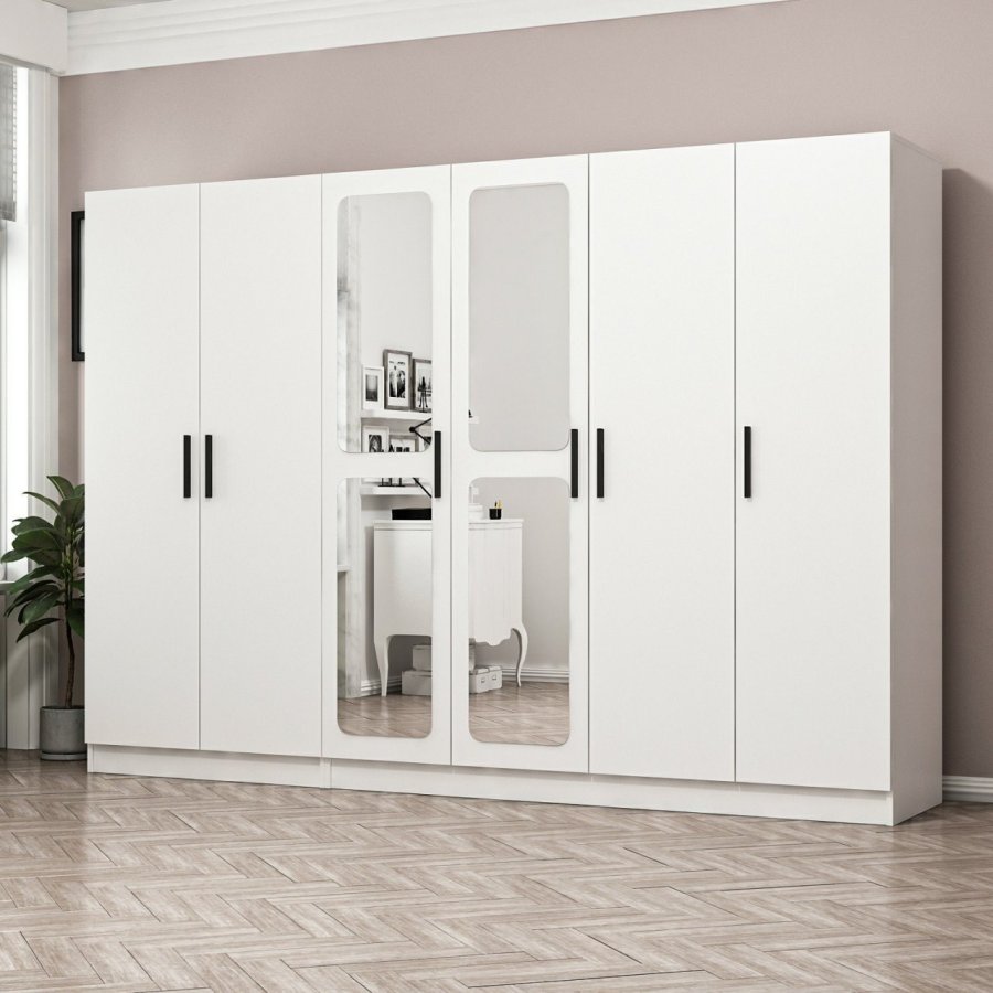 FUNZI LIVING 3817 garderobeskab, spejl, 6 lger, 3 bjlestnger, 2 skuffer - hvid melamin
