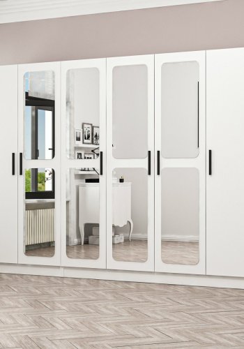 FUNZI LIVING 2440 garderobeskab, spejl, 6 lger, 3 bjlestnger, 2 skuffer - hvid melamin