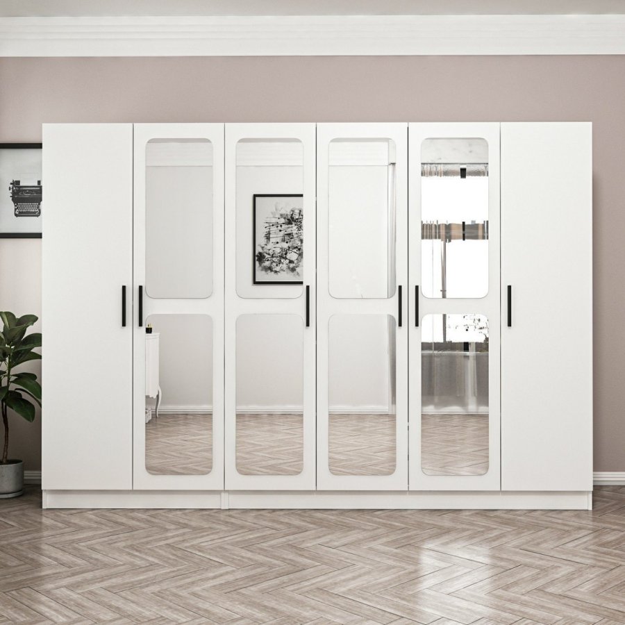 FUNZI LIVING 3818 garderobeskab, spejl, 6 lger, 3 bjlestnger, 2 skuffer - hvid melamin