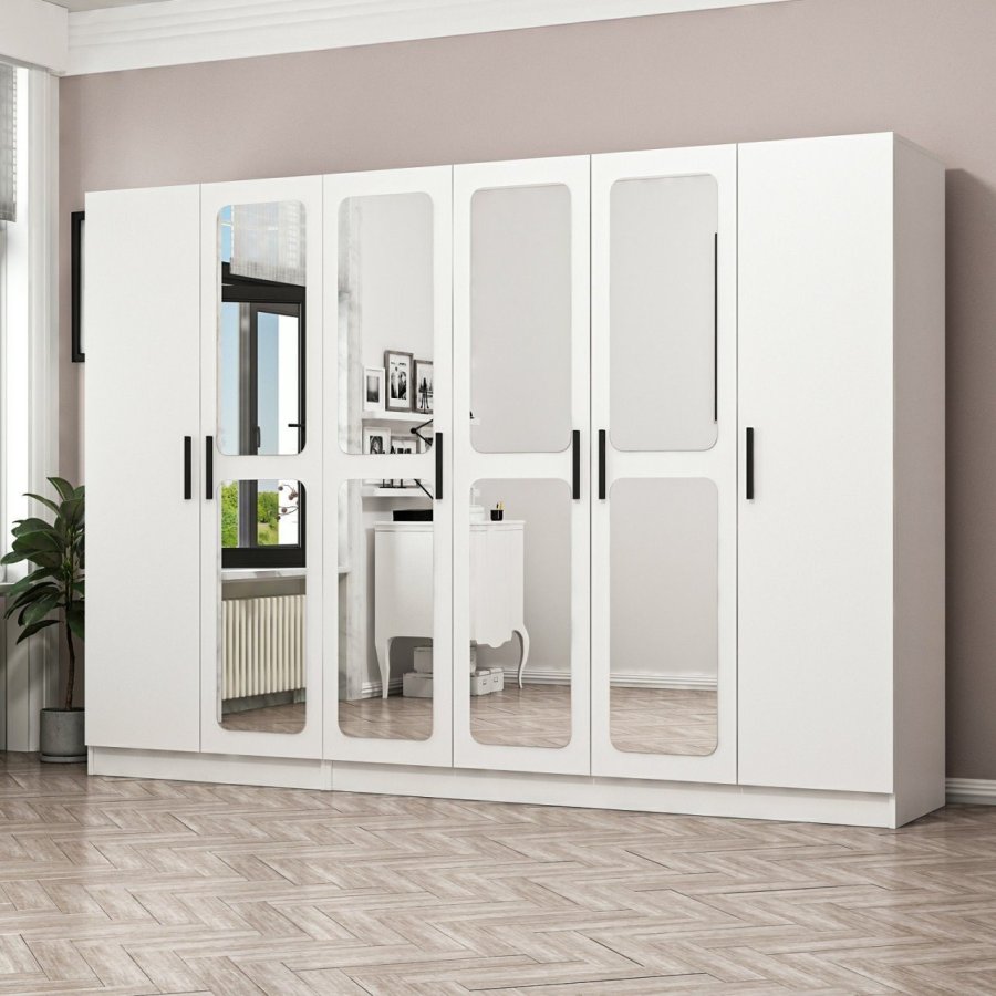 FUNZI LIVING 3818 garderobeskab, spejl, 6 lger, 3 bjlestnger, 2 skuffer - hvid melamin