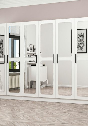 FUNZI LIVING 2441 garderobeskab, spejl, 6 lger, 3 bjlestnger, 2 skuffer - hvid melamin