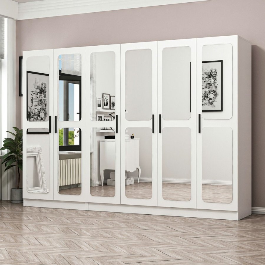 FUNZI LIVING 2441 garderobeskab, spejl, 6 lger, 3 bjlestnger, 2 skuffer - hvid melamin