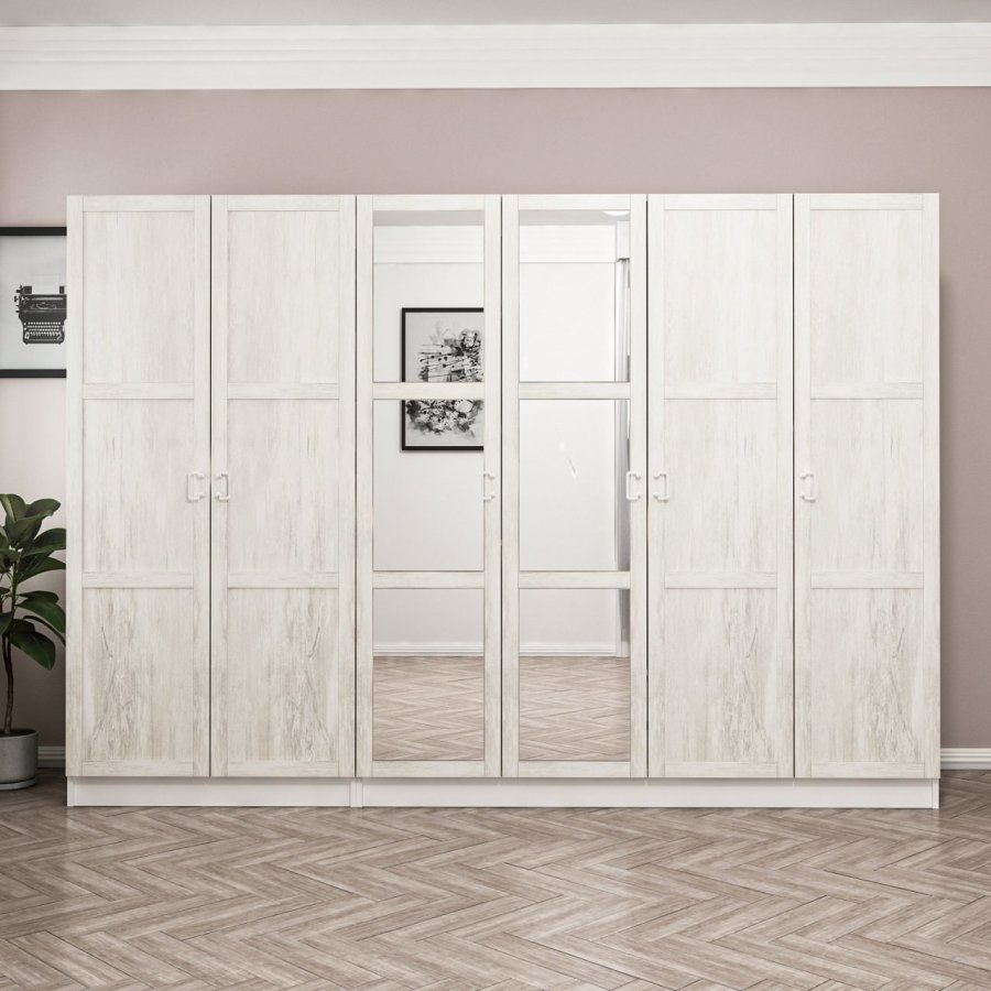 FUNZI LIVING Kalesland 2460 garderobeskab, spejl, 6 lger, 3 bjlestnger, 2 skuffer - hvid melamin