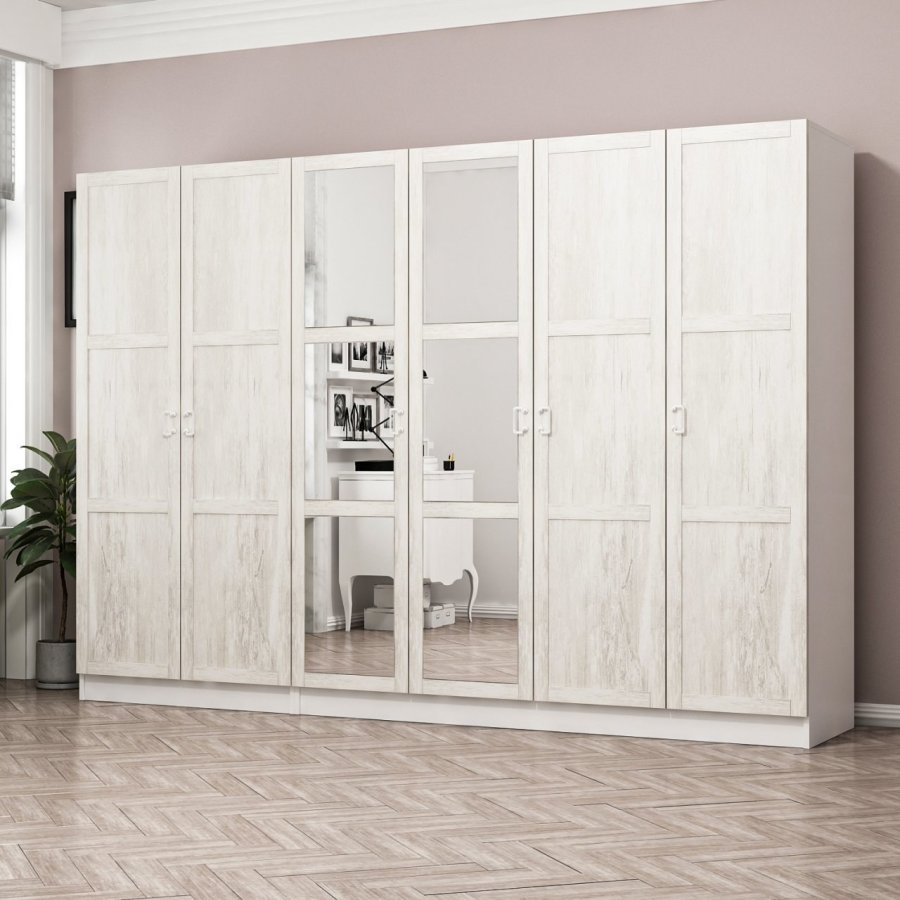 FUNZI LIVING Kalesland 2460 garderobeskab, spejl, 6 lger, 3 bjlestnger, 2 skuffer - hvid melamin