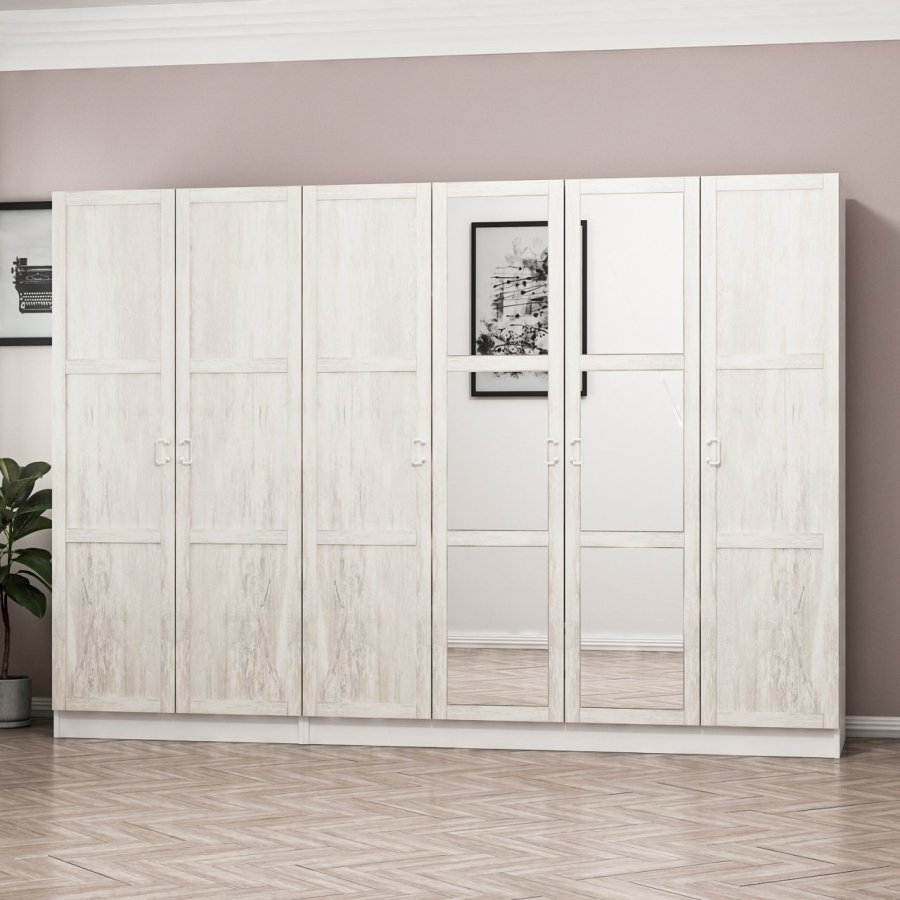 FUNZI LIVING Kalesland 2460 garderobeskab, spejl, 6 lger, 3 bjlestnger, 2 skuffer - hvid melamin