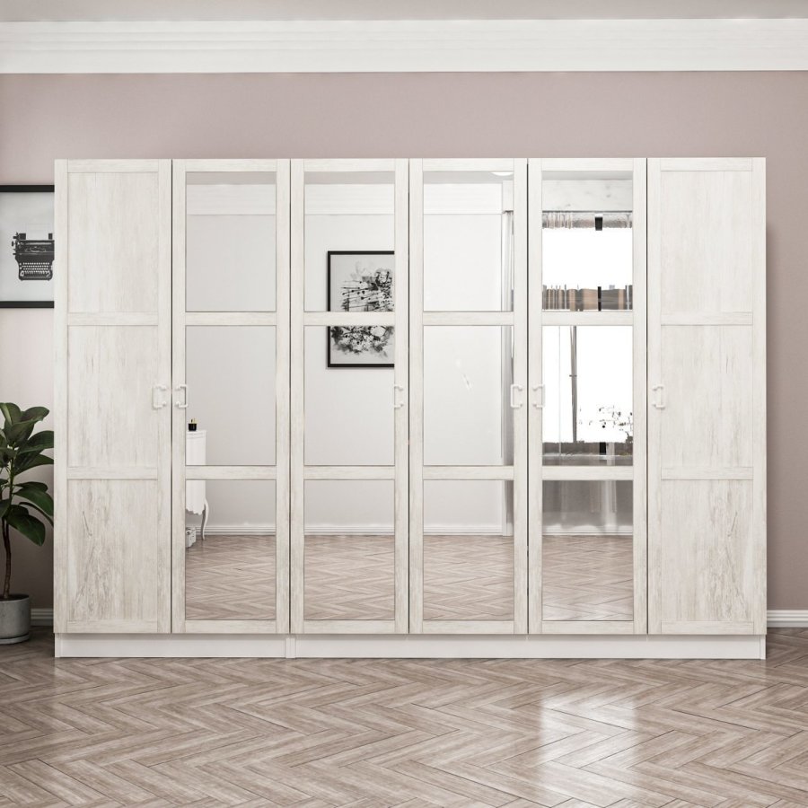 FUNZI LIVING Kalesland 3845 garderobeskab, spejl, 6 lger, 3 bjlestnger, 2 skuffer - hvid melamin