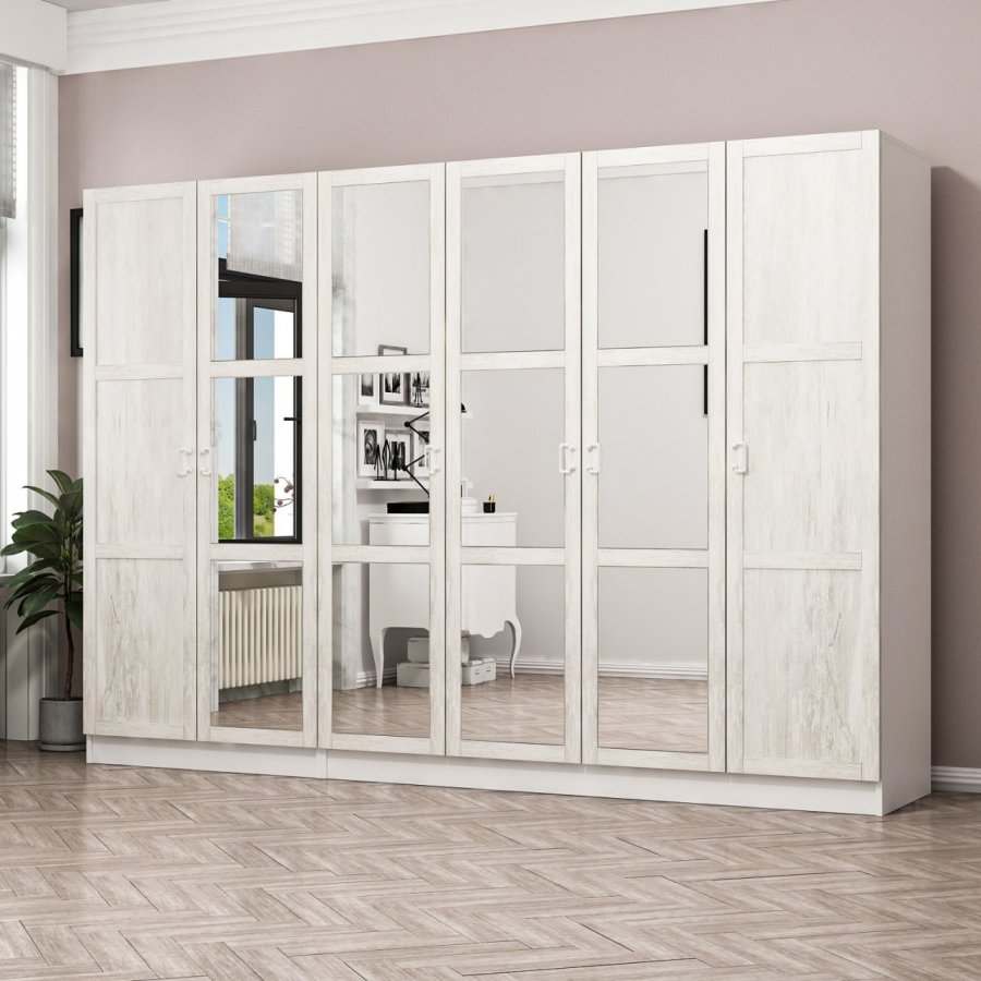 FUNZI LIVING Kalesland 3845 garderobeskab, spejl, 6 lger, 3 bjlestnger, 2 skuffer - hvid melamin