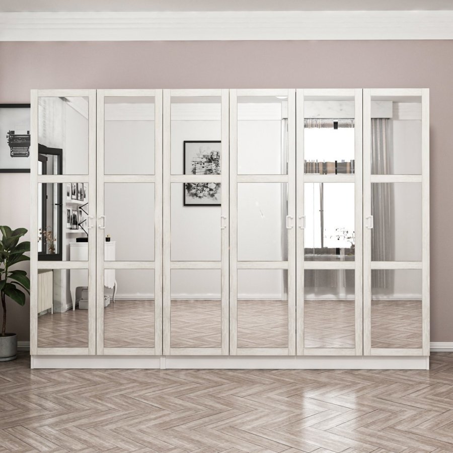 FUNZI LIVING Kalesland 2462 garderobeskab, spejl, 6 lger, 3 bjlestnger, 2 skuffer - hvid melamin