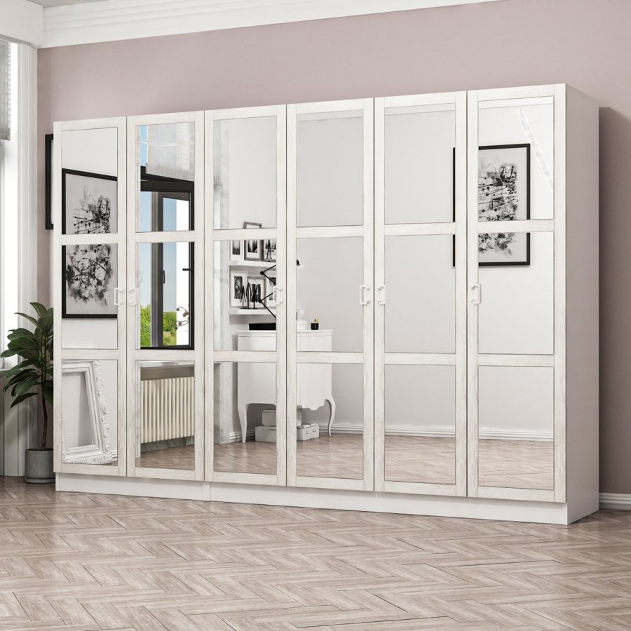 FUNZI LIVING Kalesland 2462 garderobeskab, spejl, 6 lger, 3 bjlestnger, 2 skuffer - hvid melamin