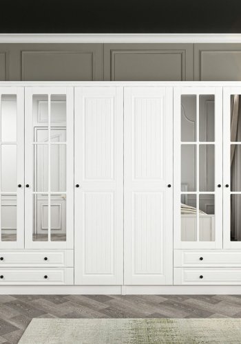 FUNZI LIVING Mebran 4784 garderobeskab, spejl, 6 lger, 2 bjlestnger, 4 skuffer - hvid melamin