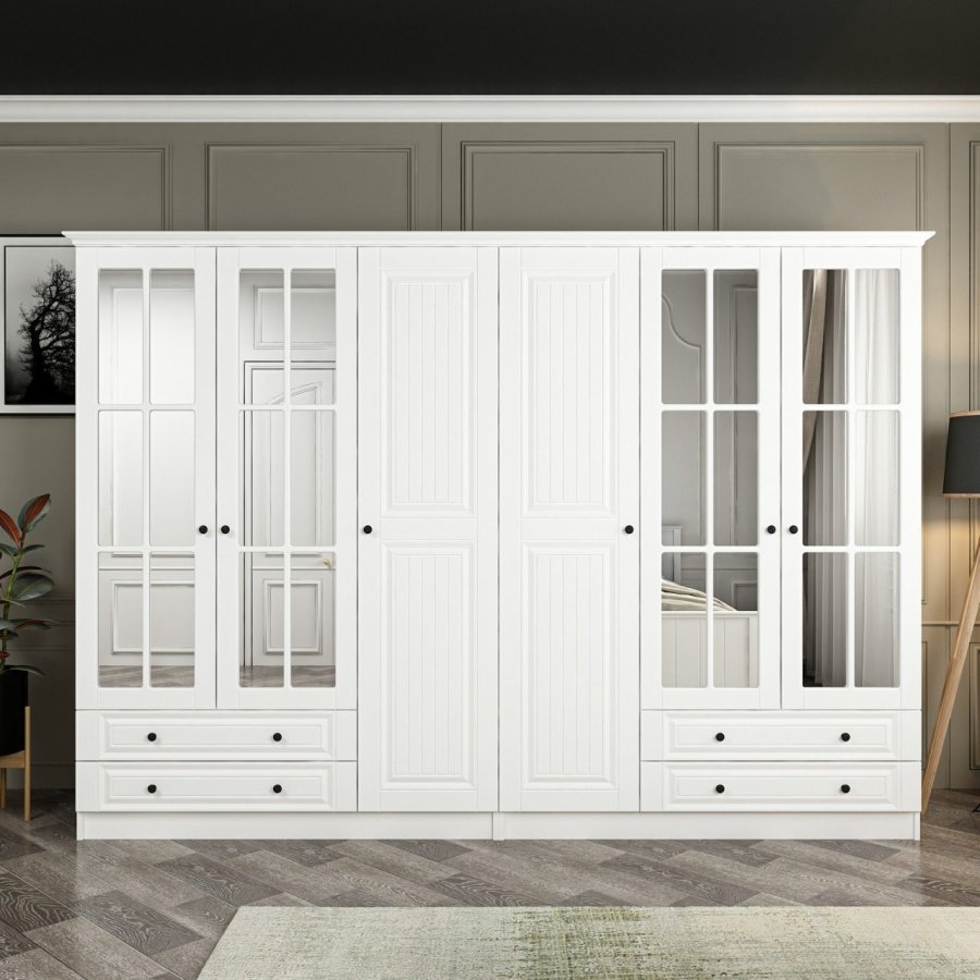 FUNZI LIVING Mebran 4784 garderobeskab, spejl, 6 lger, 2 bjlestnger, 4 skuffer - hvid melamin