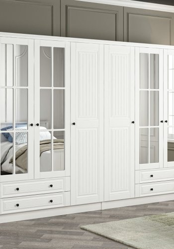 FUNZI LIVING Mebran 4784 garderobeskab, spejl, 6 lger, 2 bjlestnger, 4 skuffer - hvid melamin