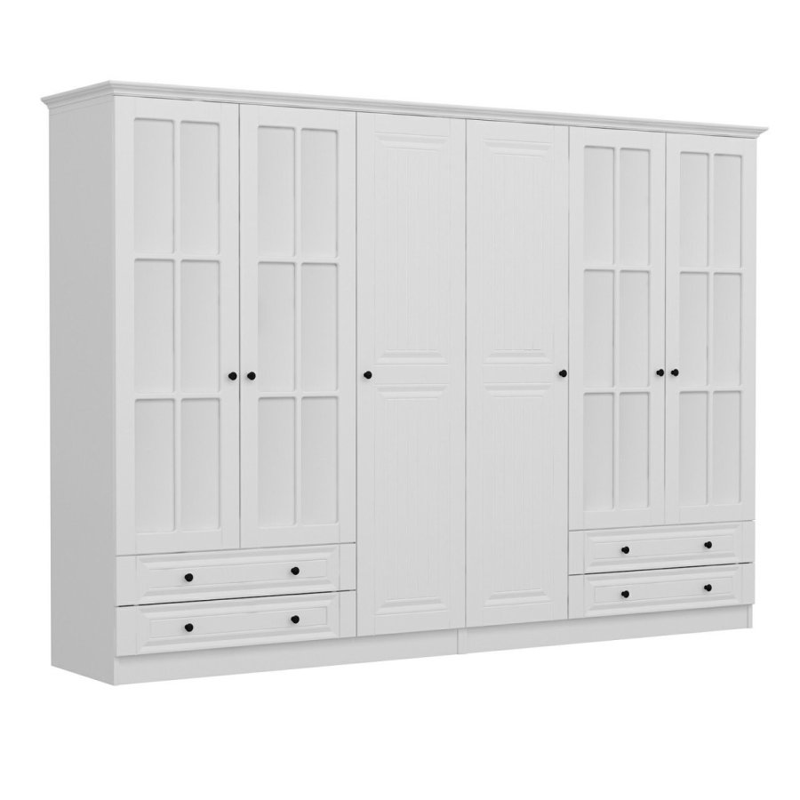 FUNZI LIVING Mebran 4784 garderobeskab, spejl, 6 lger, 2 bjlestnger, 4 skuffer - hvid melamin