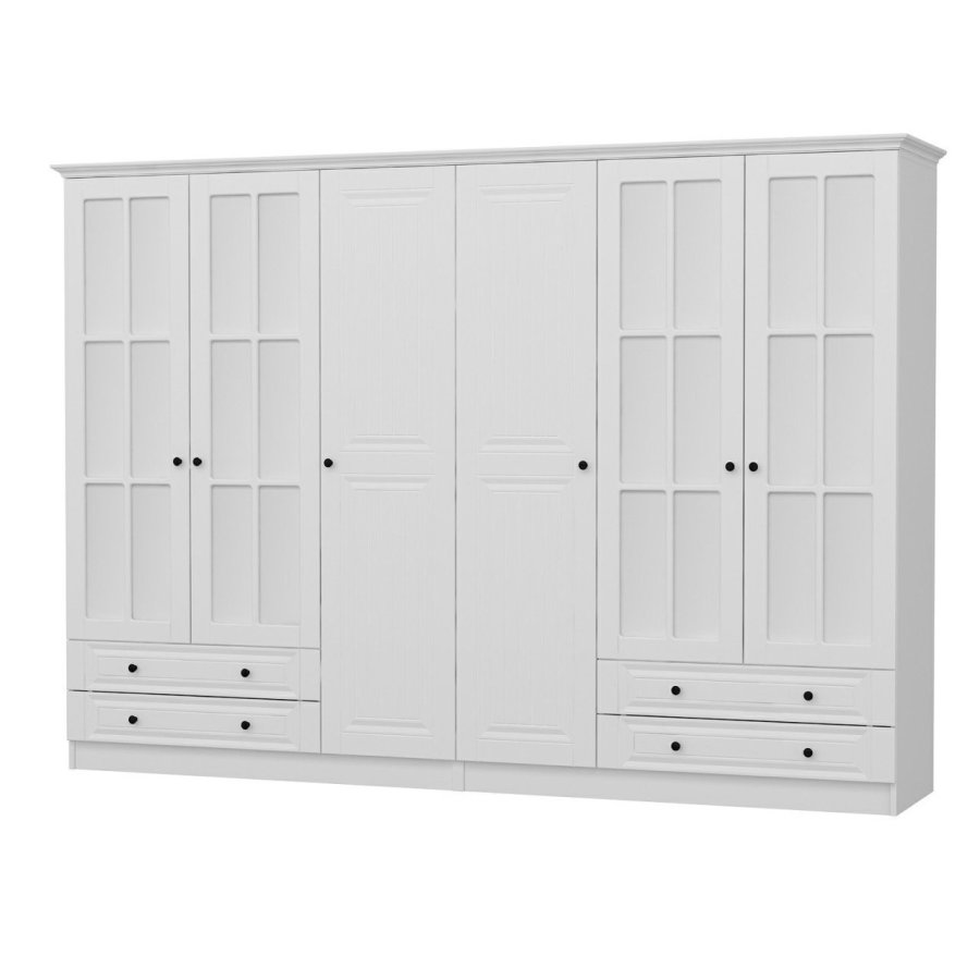 FUNZI LIVING Mebran 4784 garderobeskab, spejl, 6 lger, 2 bjlestnger, 4 skuffer - hvid melamin