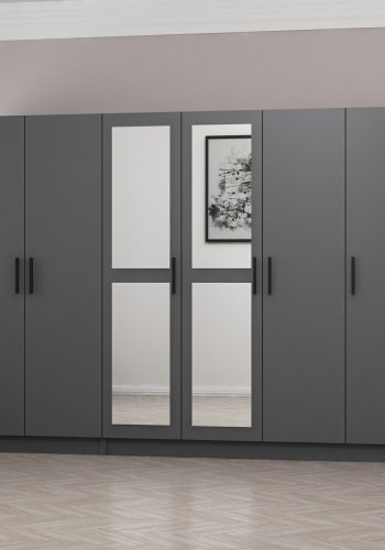 FUNZI LIVING 4987 garderobeskab, spejl, 6 lger, 3 bjlestnger, 2 skuffer - antracitgr melamin