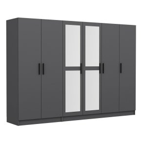 FUNZI LIVING 4987 garderobeskab, spejl, 6 lger, 3 bjlestnger, 2 skuffer - antracitgr melamin