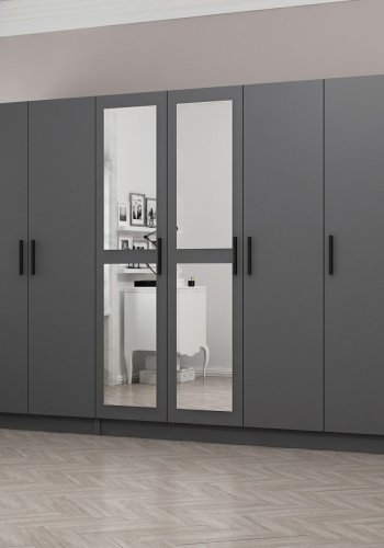 FUNZI LIVING 5091 garderobeskab, spejl, 6 lger, 3 bjlestnger, 2 skuffer - antracitgr melamin