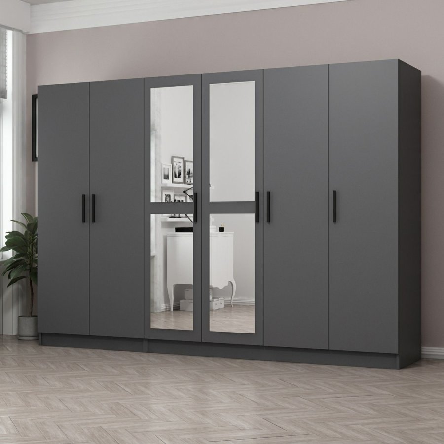 FUNZI LIVING 5091 garderobeskab, spejl, 6 lger, 3 bjlestnger, 2 skuffer - antracitgr melamin