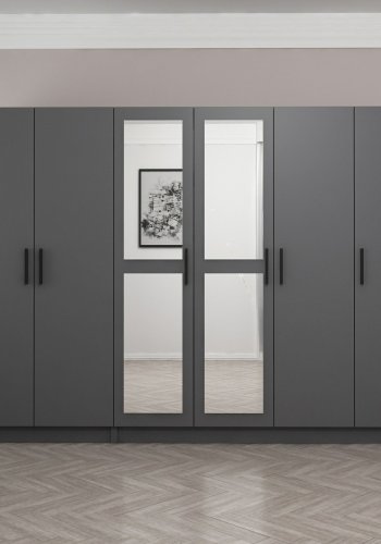 FUNZI LIVING 5091 garderobeskab, spejl, 6 lger, 3 bjlestnger, 2 skuffer - antracitgr melamin