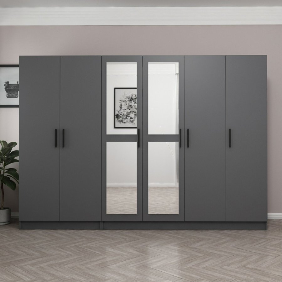 FUNZI LIVING 5091 garderobeskab, spejl, 6 lger, 3 bjlestnger, 2 skuffer - antracitgr melamin