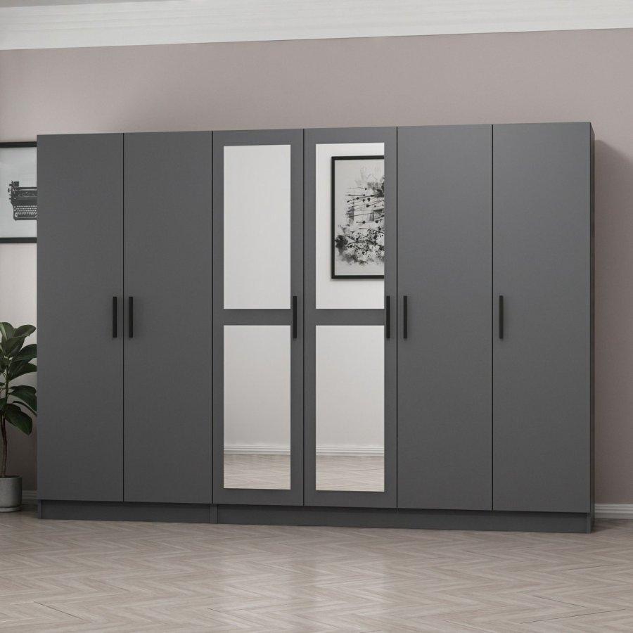 FUNZI LIVING 5091 garderobeskab, spejl, 6 lger, 3 bjlestnger, 2 skuffer - antracitgr melamin