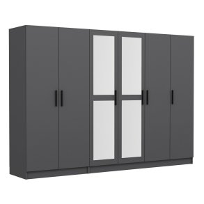 FUNZI LIVING 5091 garderobeskab, spejl, 6 lger, 3 bjlestnger, 2 skuffer - antracitgr melamin